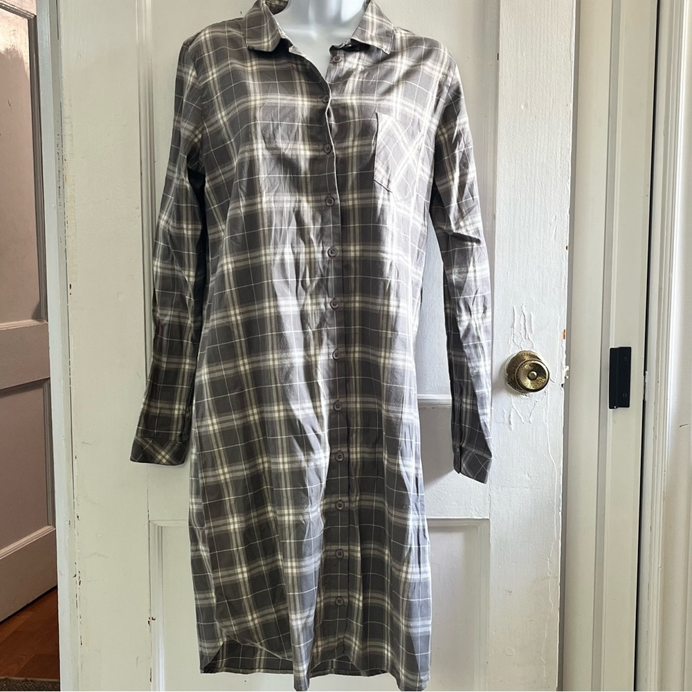 Garnet Hill Grey Plaid Button Down Dress Size 8 Organic Pima Cotton Classic